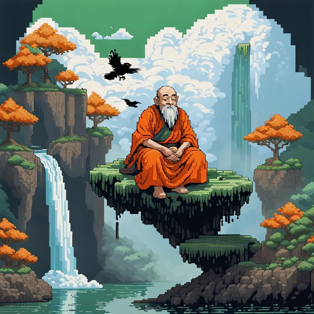 Monk on Cloud with Bird, Pixel Art