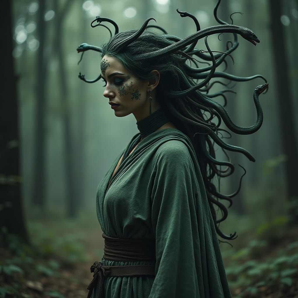 Medusa in Mystical Forest, Bio-Mechanical Art