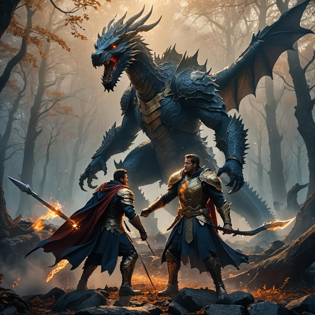 Knight Battles Dragon in Misty Forest