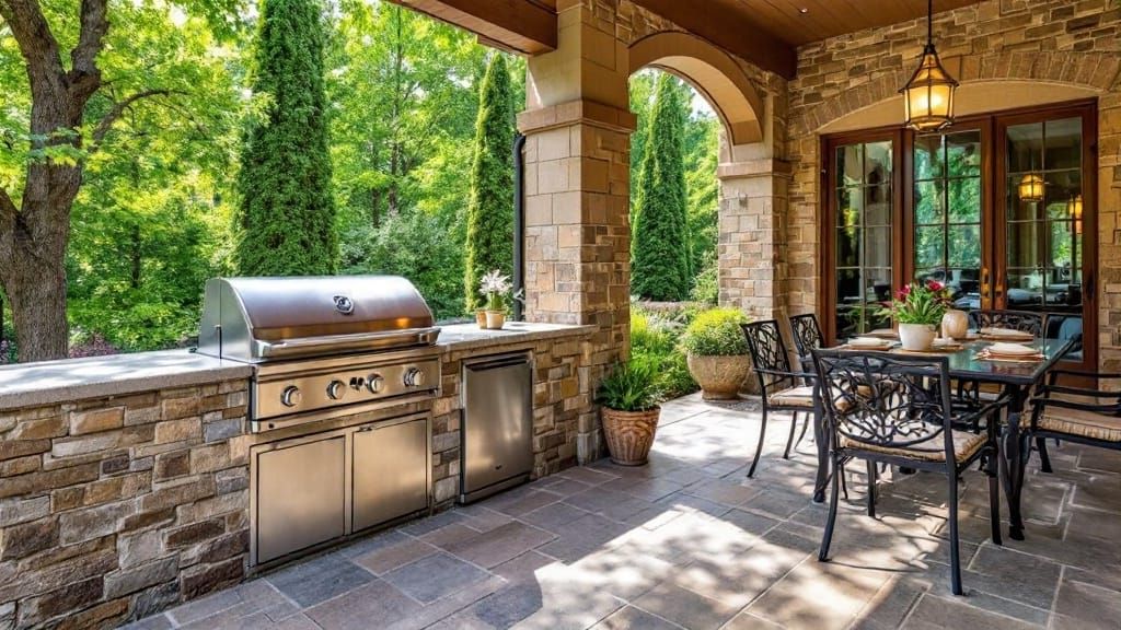 Inviting Outdoor Patio with Modern Grill and Garden View