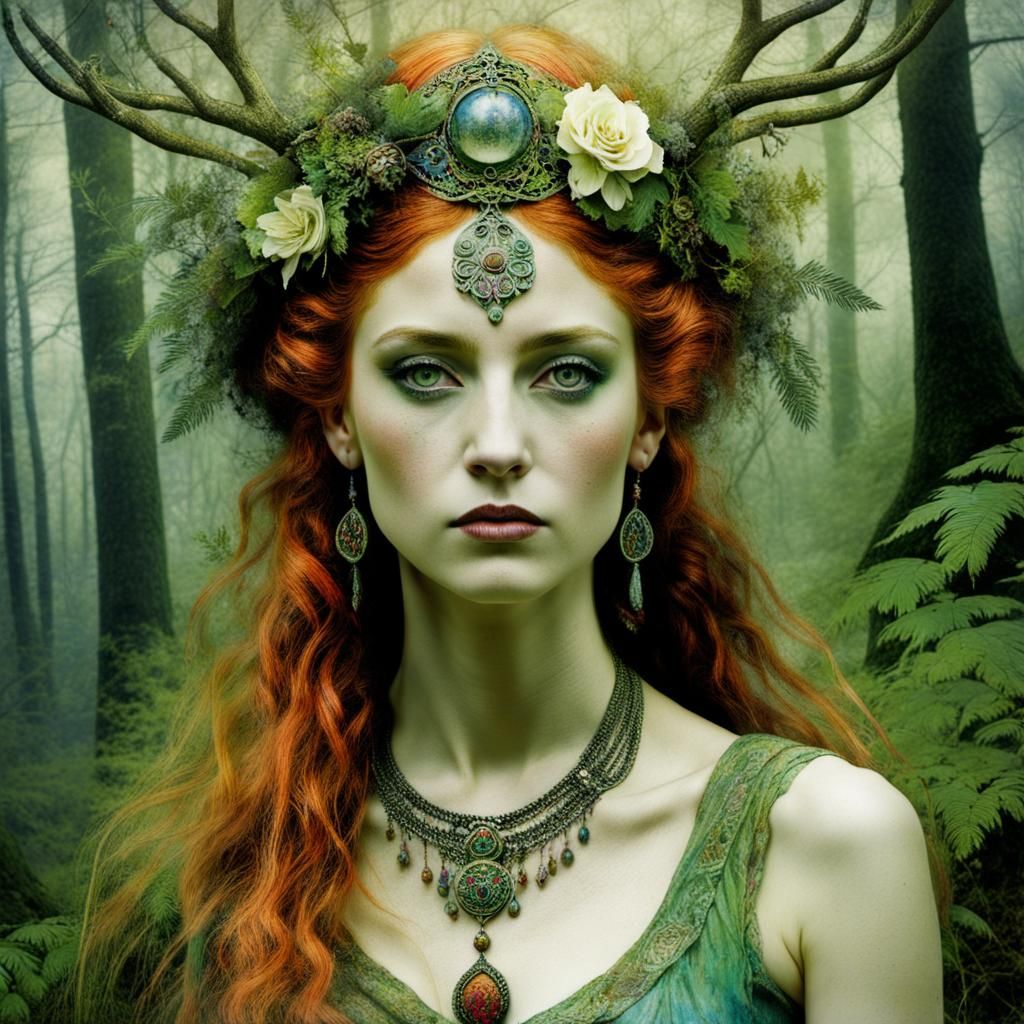 Pagan Forest Goddess Portrait in Mixed Media