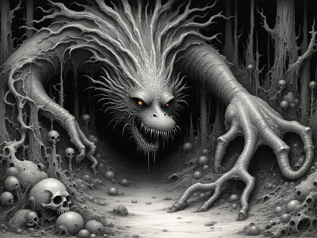 Snallygaster vs Jabberwocky in Dark Fantasy Art