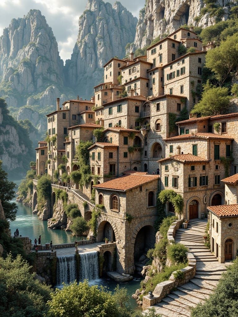 Italian Village Cascading Down Mountain, Fantasy Architectur...