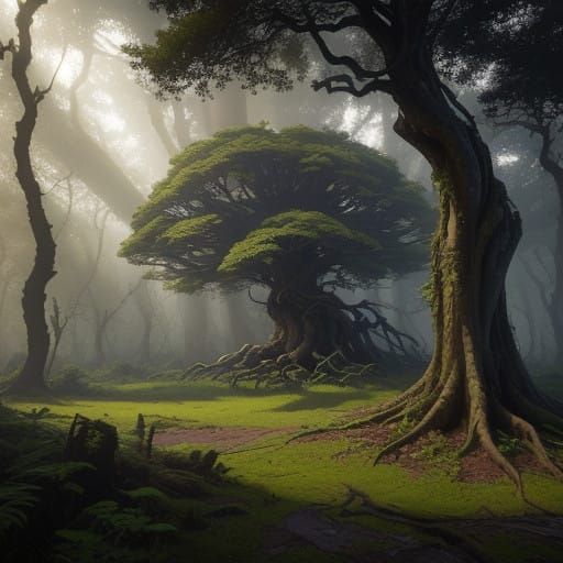 Ethereal Ancient Tree in Vibrant Forest Landscape, Deep Colo...