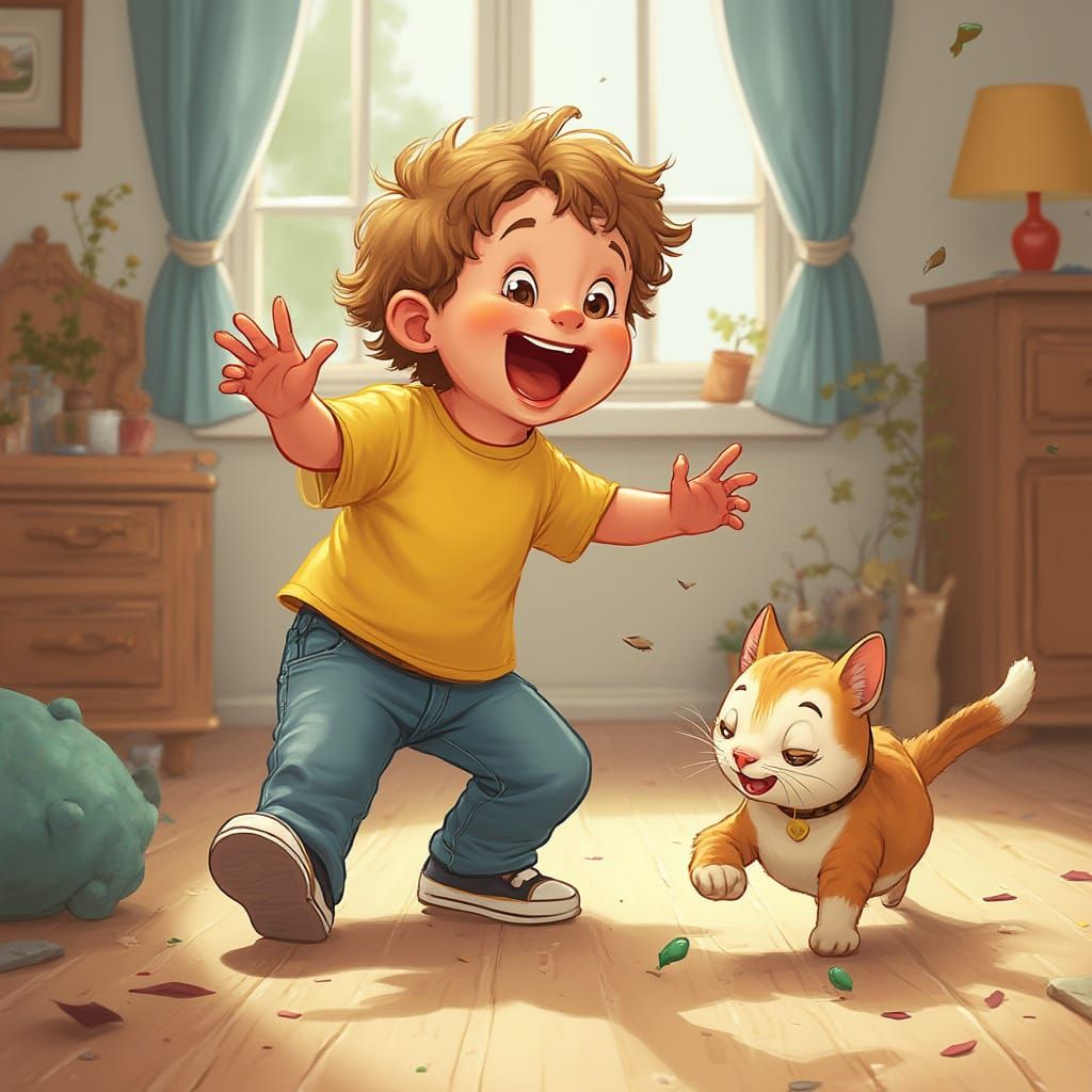 Joyful Indoor Playtime with a Mischievous Child and Whimsica...