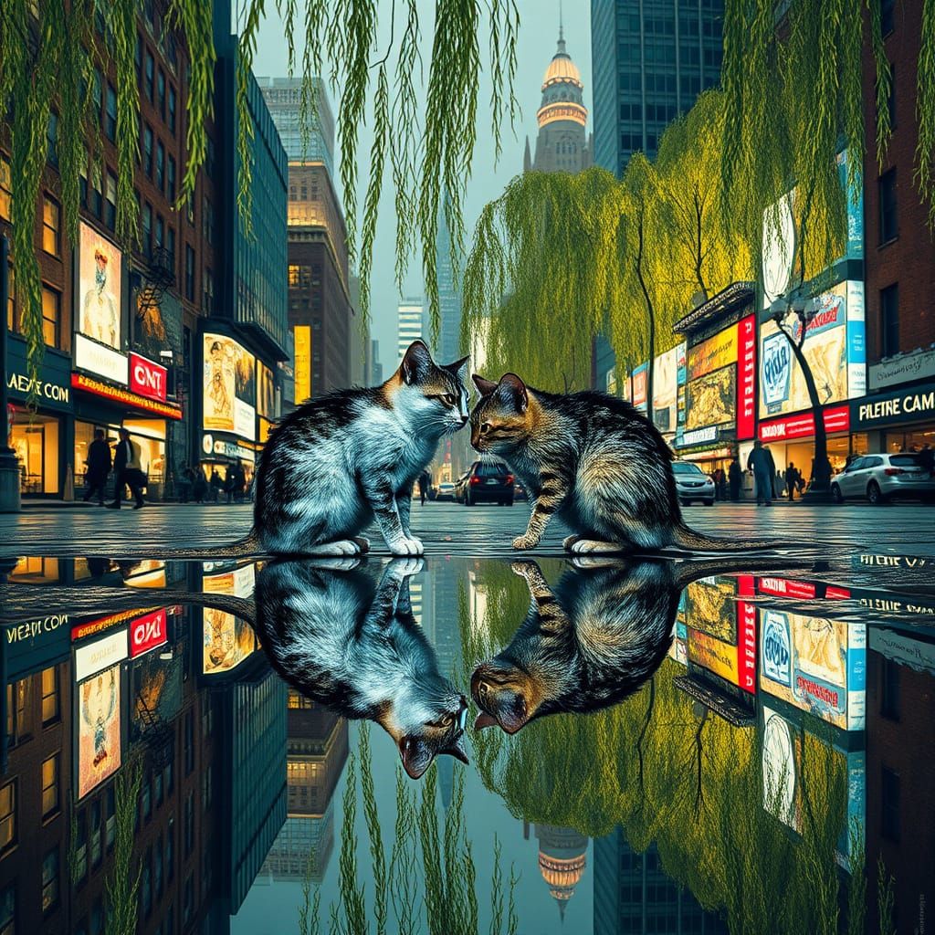 Whimsical Cat and Mouse Chase in Neon NYC