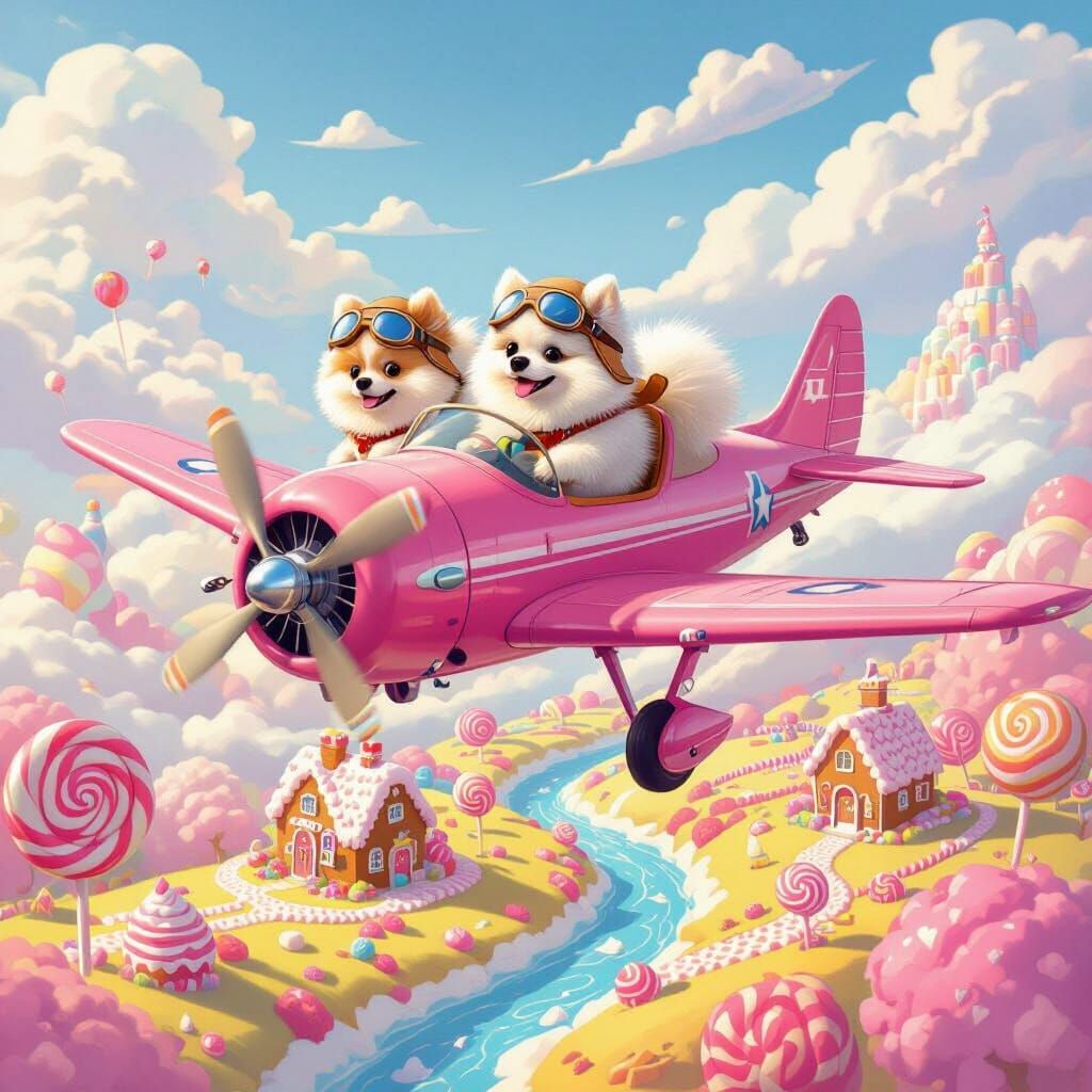 Pomeranian Pilots Fly Pink Plane Over Candy Land