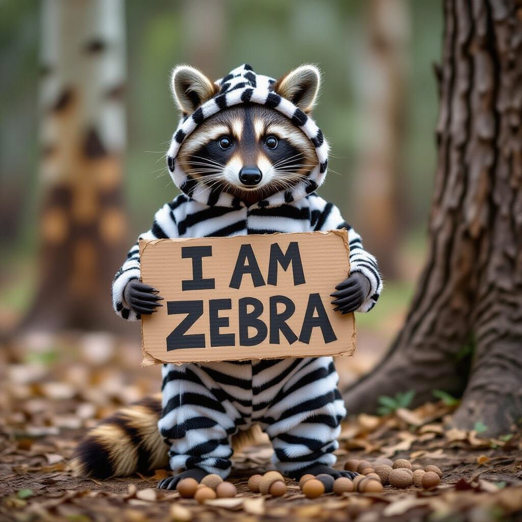 Raccoon in Zebra Costume Holding 'I AM ZEBRA' Sign