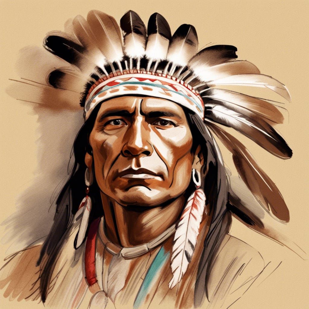 American Indian Portrait in Doodle Crayon Style