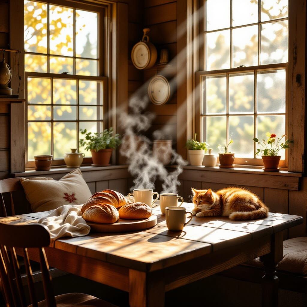 Rustic Kitchen with Sunlit Table and Cat in Matte Painting S...