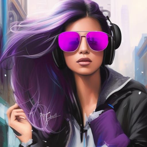 Girl with Blue Glasses and Purple Headphones