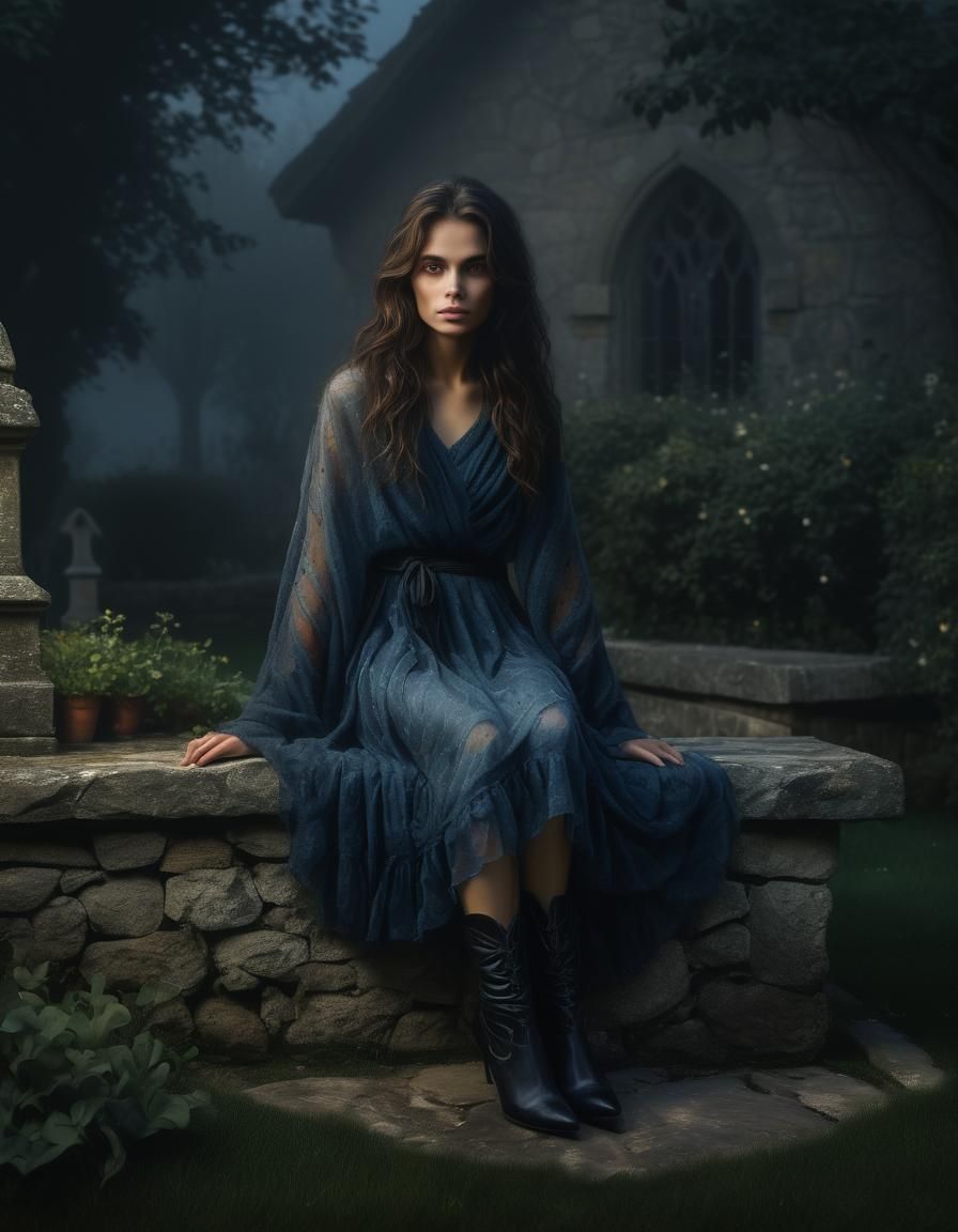 Ethereal Woman in Chapel Garden: Chiaroscuro Oil Painting