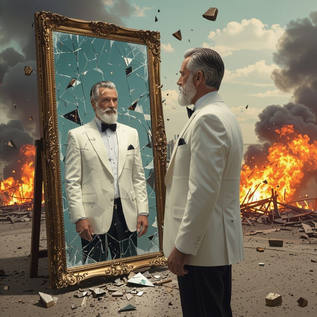 Aging Man Sees Youthful Reflection in Shattering Mirror