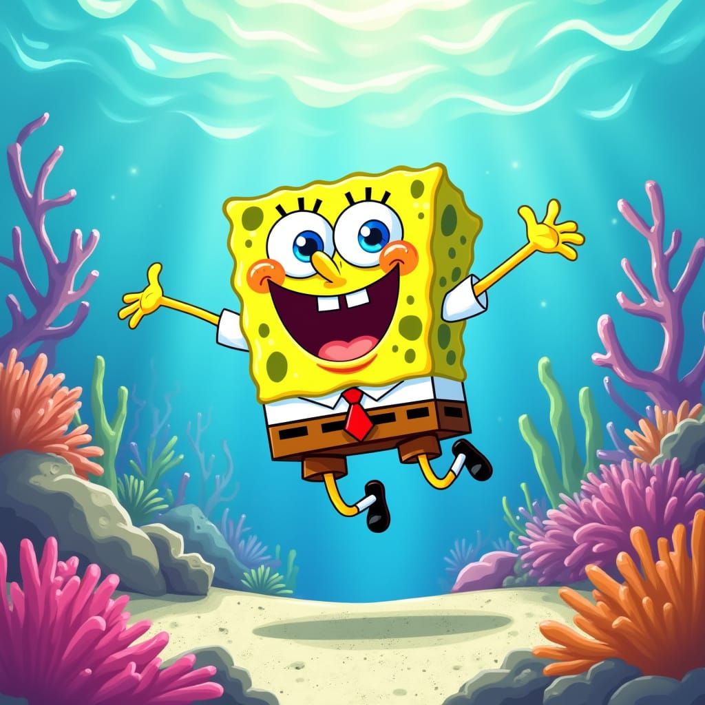 Joyful SpongeBob Bouncing in Vibrant Underwater Scene