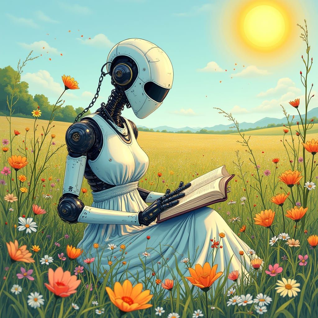 Robot Woman Reading in Meadow, Ink Drawing Style