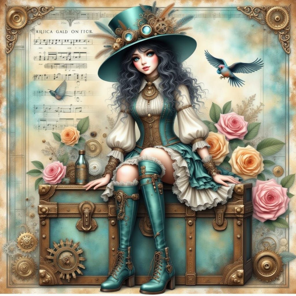 Steampunk Girl in Teal Outfit on Vintage Trunk