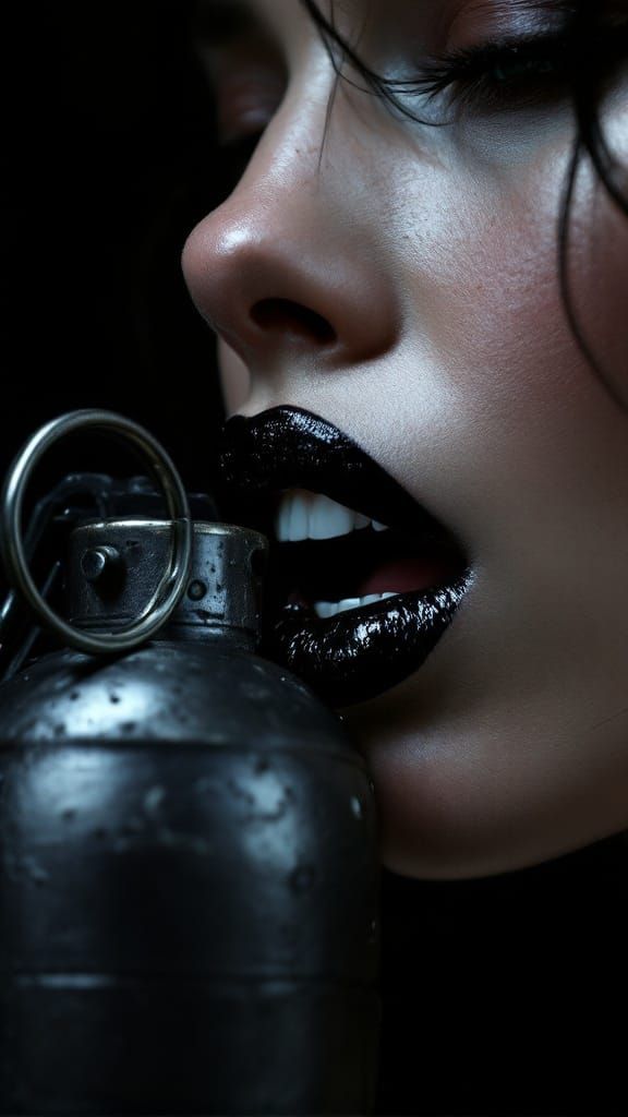 Hyper-Realistic Portrait of Fearless Woman Holding Grenade