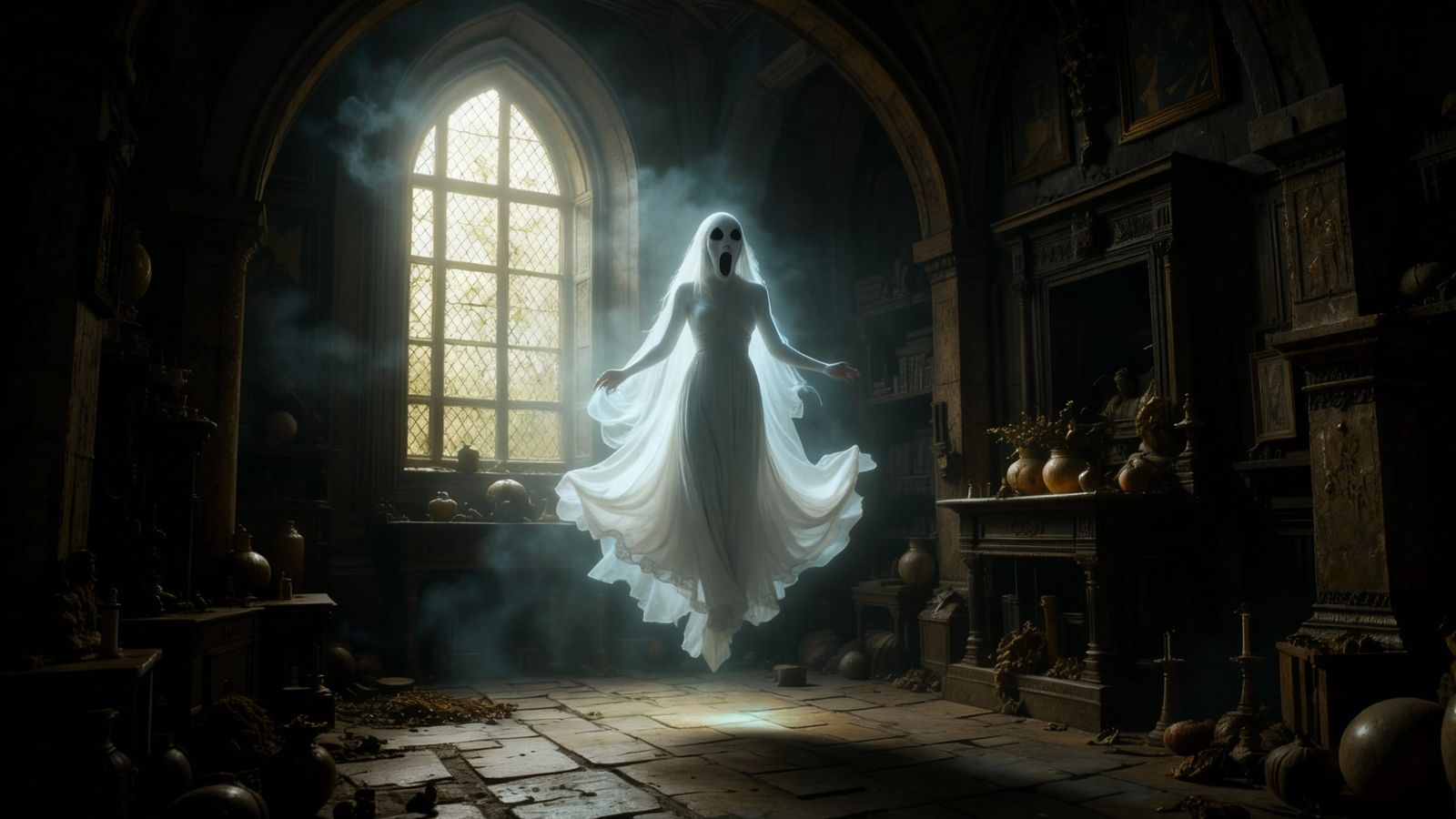 Ghostly Specter Haunts Abandoned Gothic Cathedral