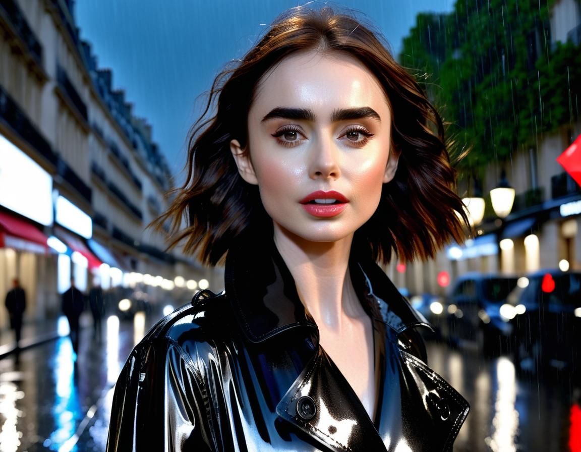 Lily Collins in Paris: Hyperrealistic Rainy Night Portrait