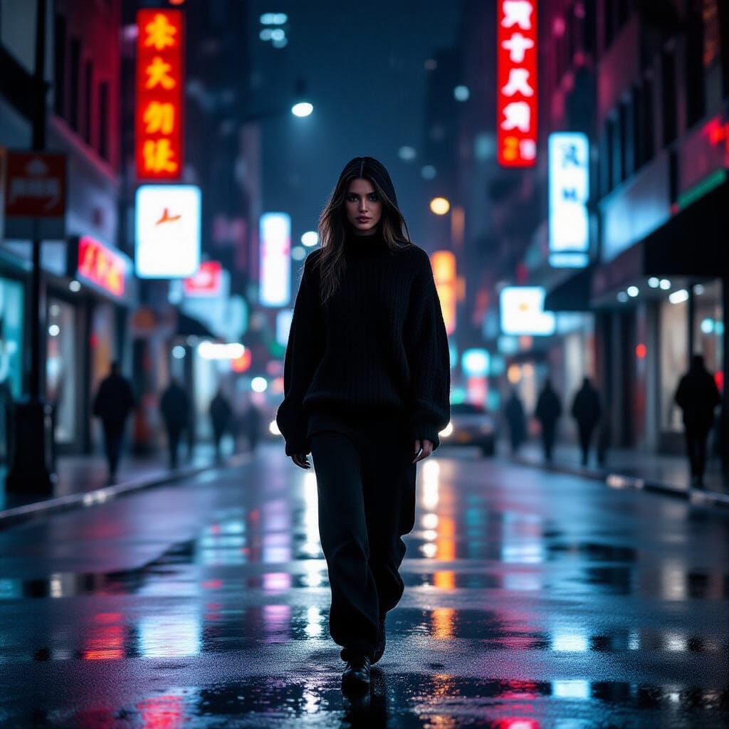 Woman Walks Through Rainy City at Night