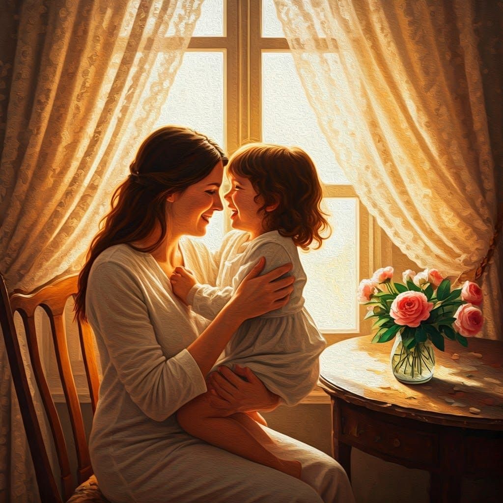 Mother's Warm Embrace in a Sunlit Room