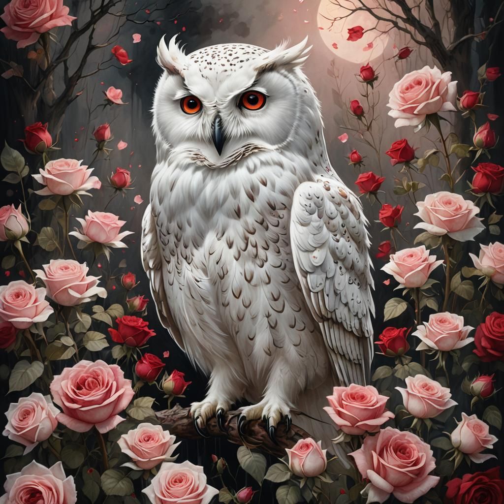 Mystical Owl with Roses in Magical Realism Style