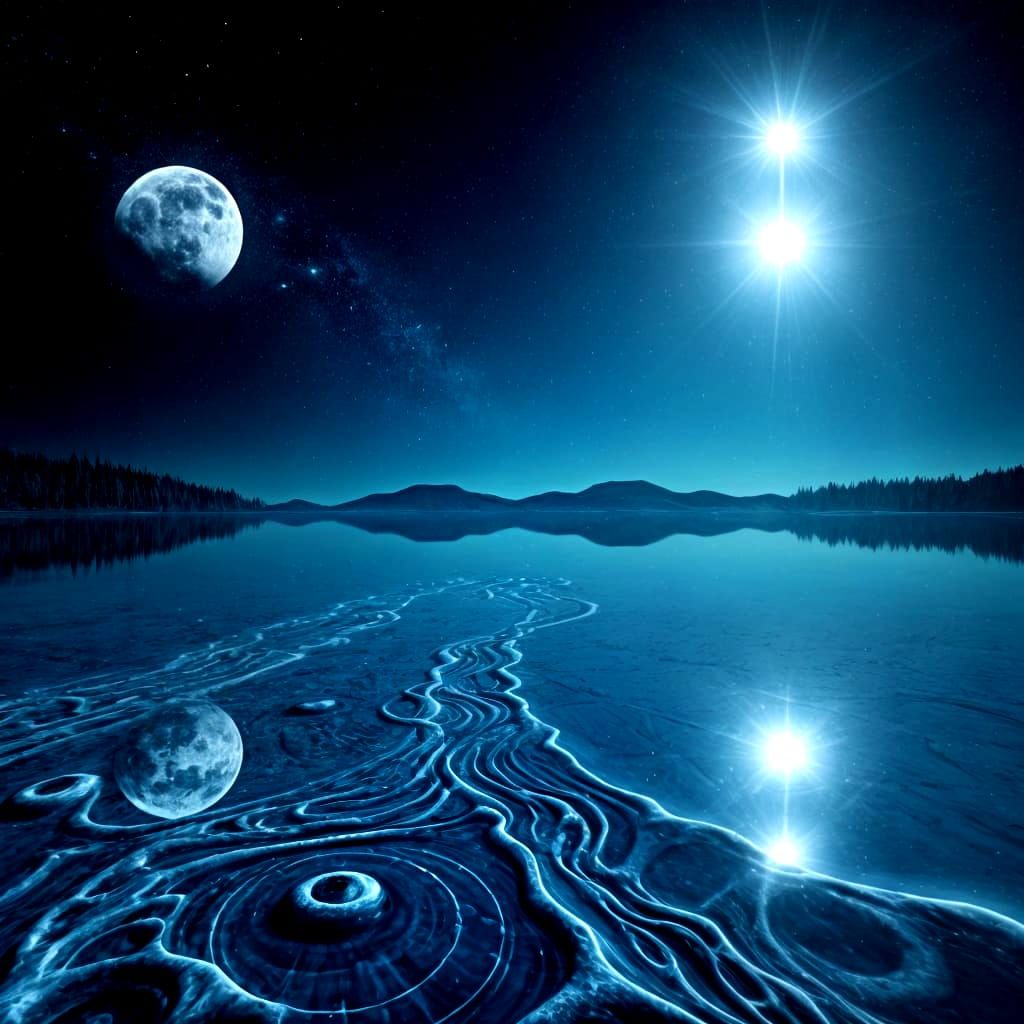 Surreal Mystical World: Moon and Sun on Magical Lake