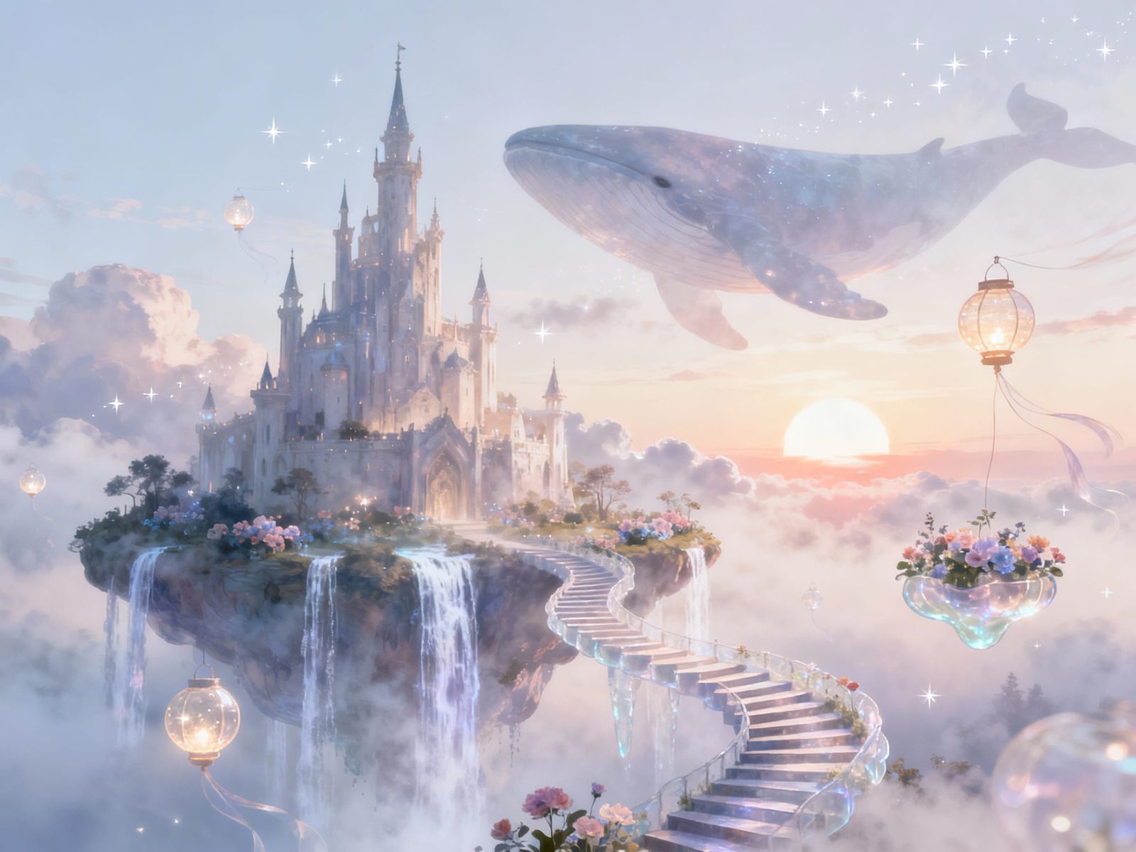 Ethereal Castle on Misty Island at Sunrise