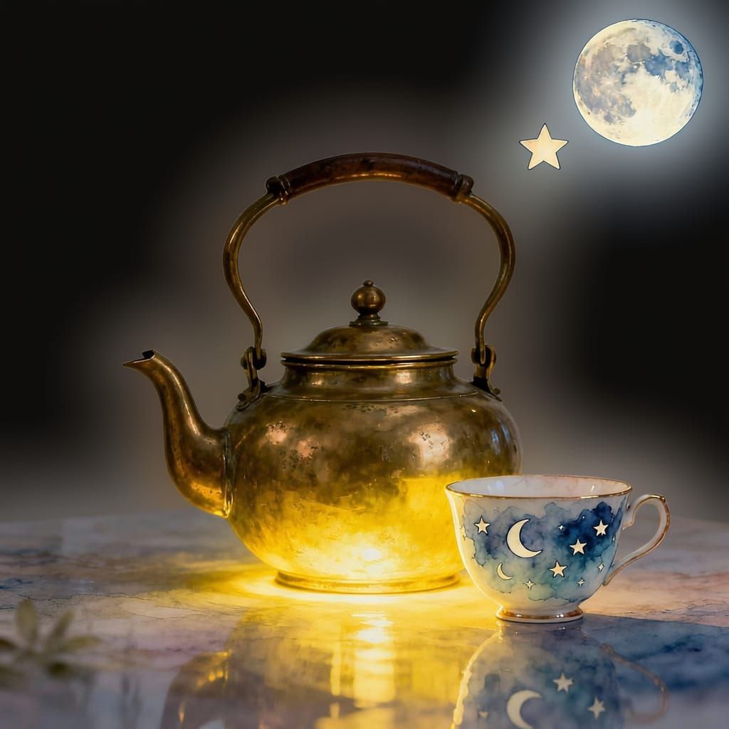 Whimsical Brass Teapot Logo with Moon and Stars