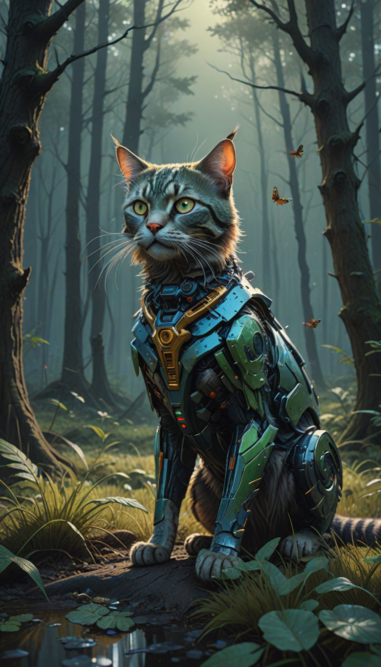 Cyberpunk-Inspired Cat-Insect Hybrid in Dreamlike Landscape