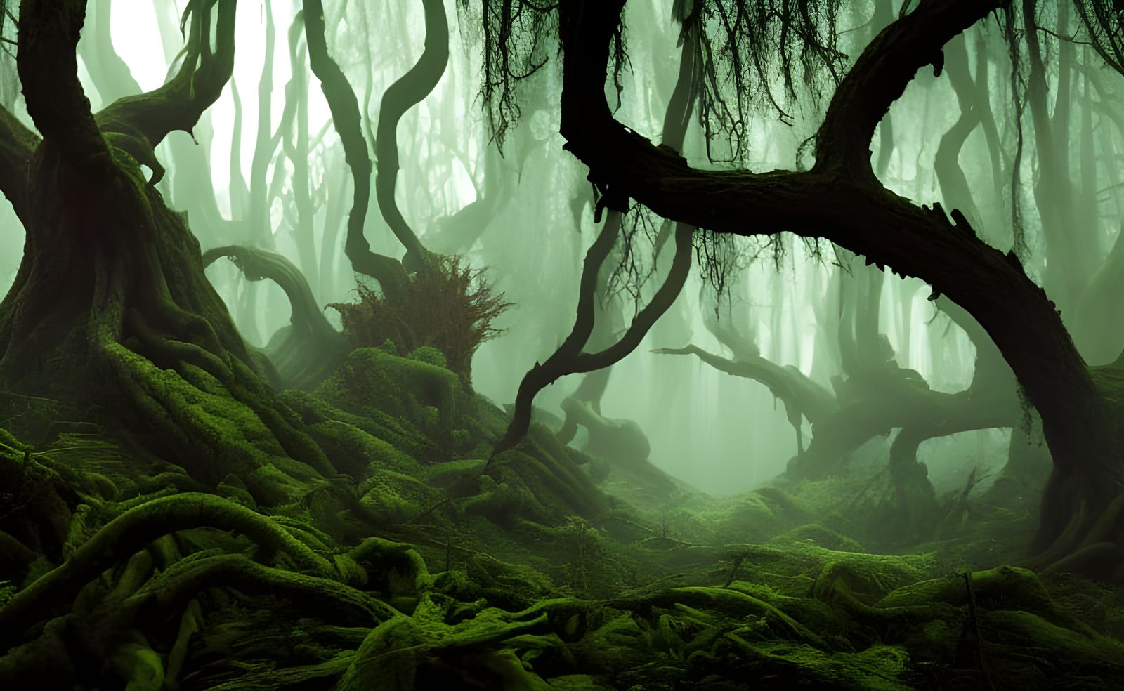 Spooky Forest with Gnarled Trees and Goblins