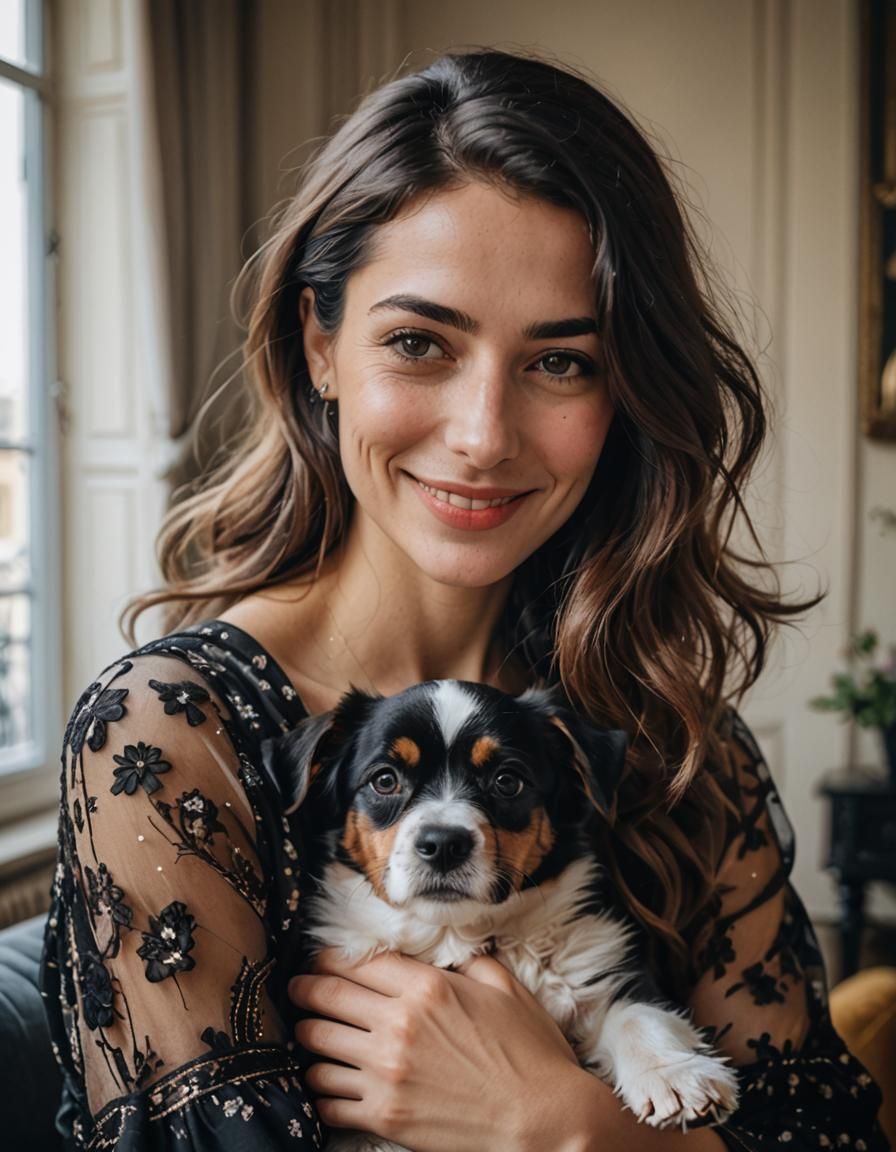 A beautiful young French woman in a beautiful dress cuddling...