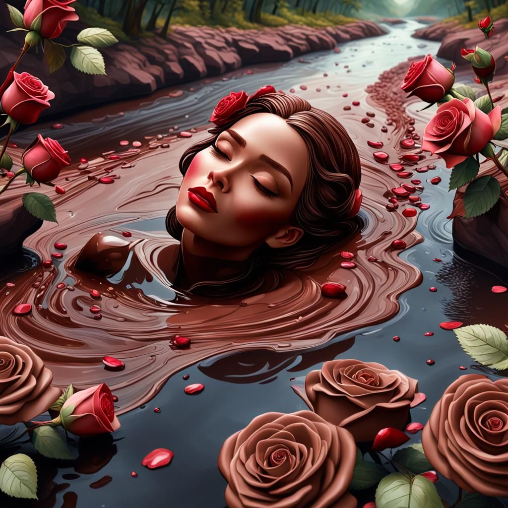 Hyperrealistic Chocolate and Roses Landscape with Woman