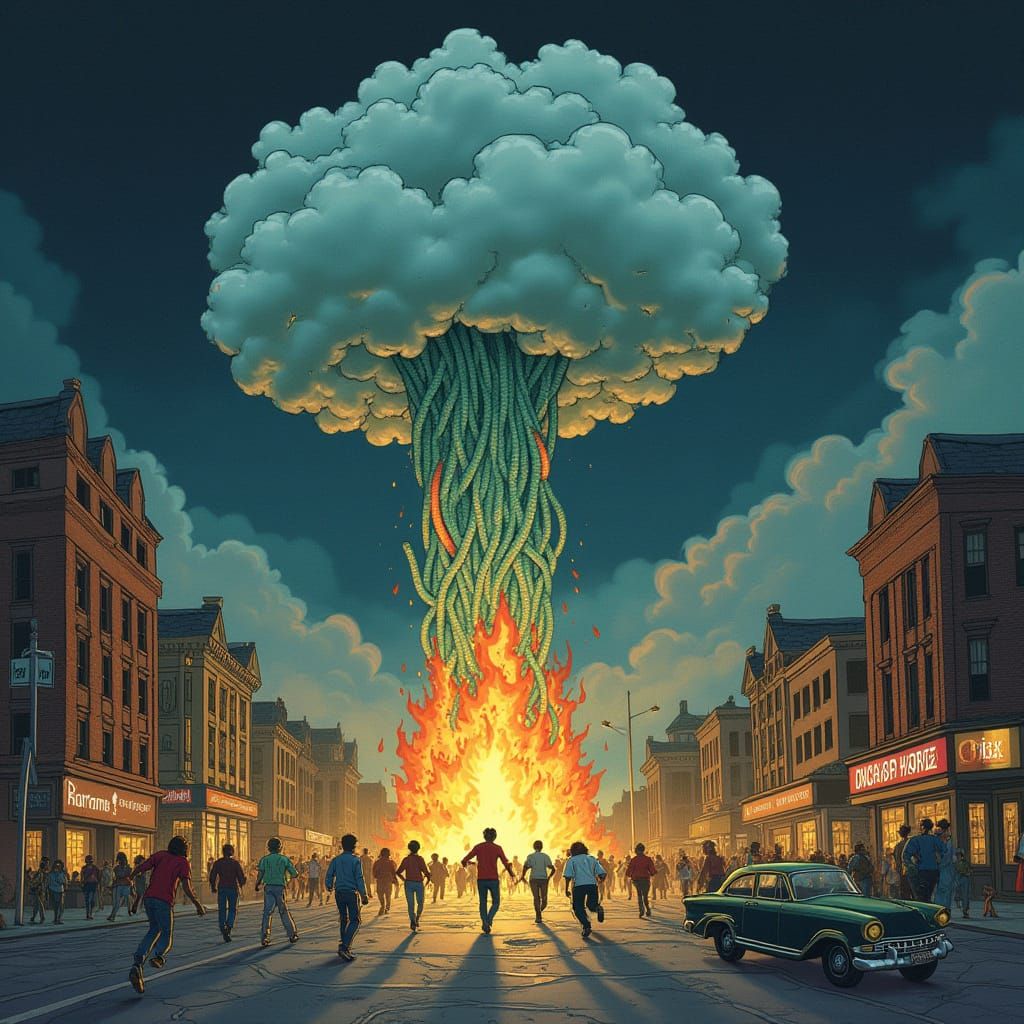 Surreal Cityscape in Chaos with Cloud Pool Noodles