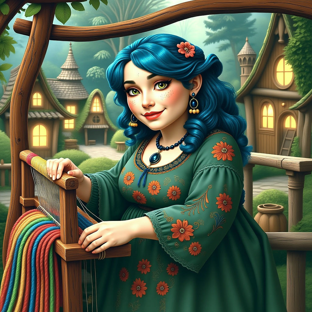 Enchanted Weaver with Turquoise Hair in Village