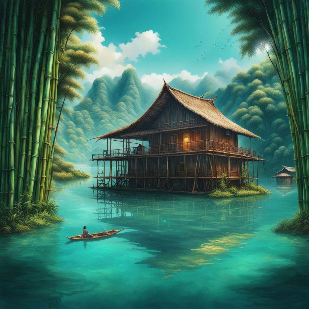 Floating Bamboo House on Turquoise Lake in Splash Art