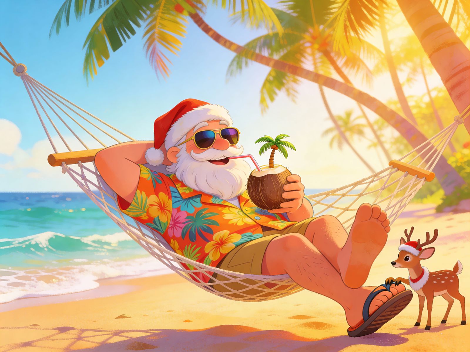 Santa Lounging on Tropical Beach in Hawaiian Shirt