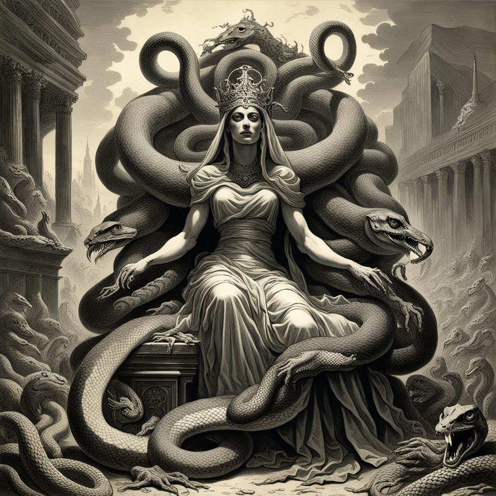 Goddess Eaten by Snake in Horror Art Style