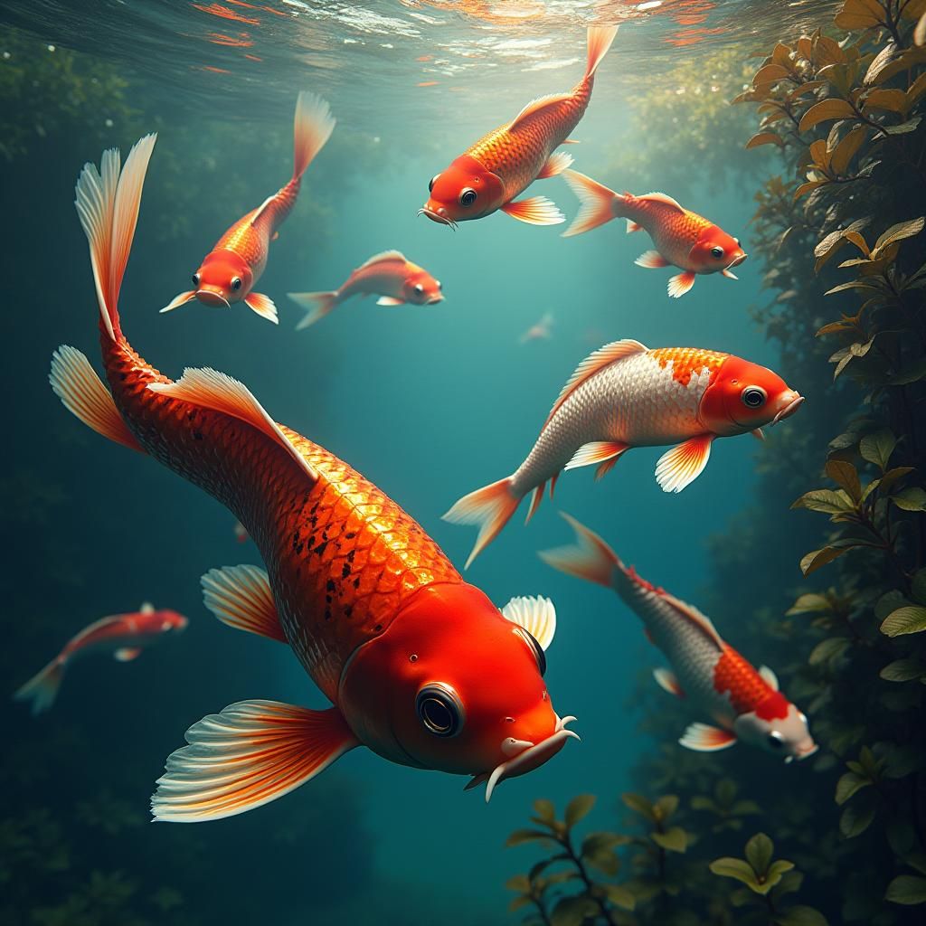 Several koi fish swimming underwater in a pond