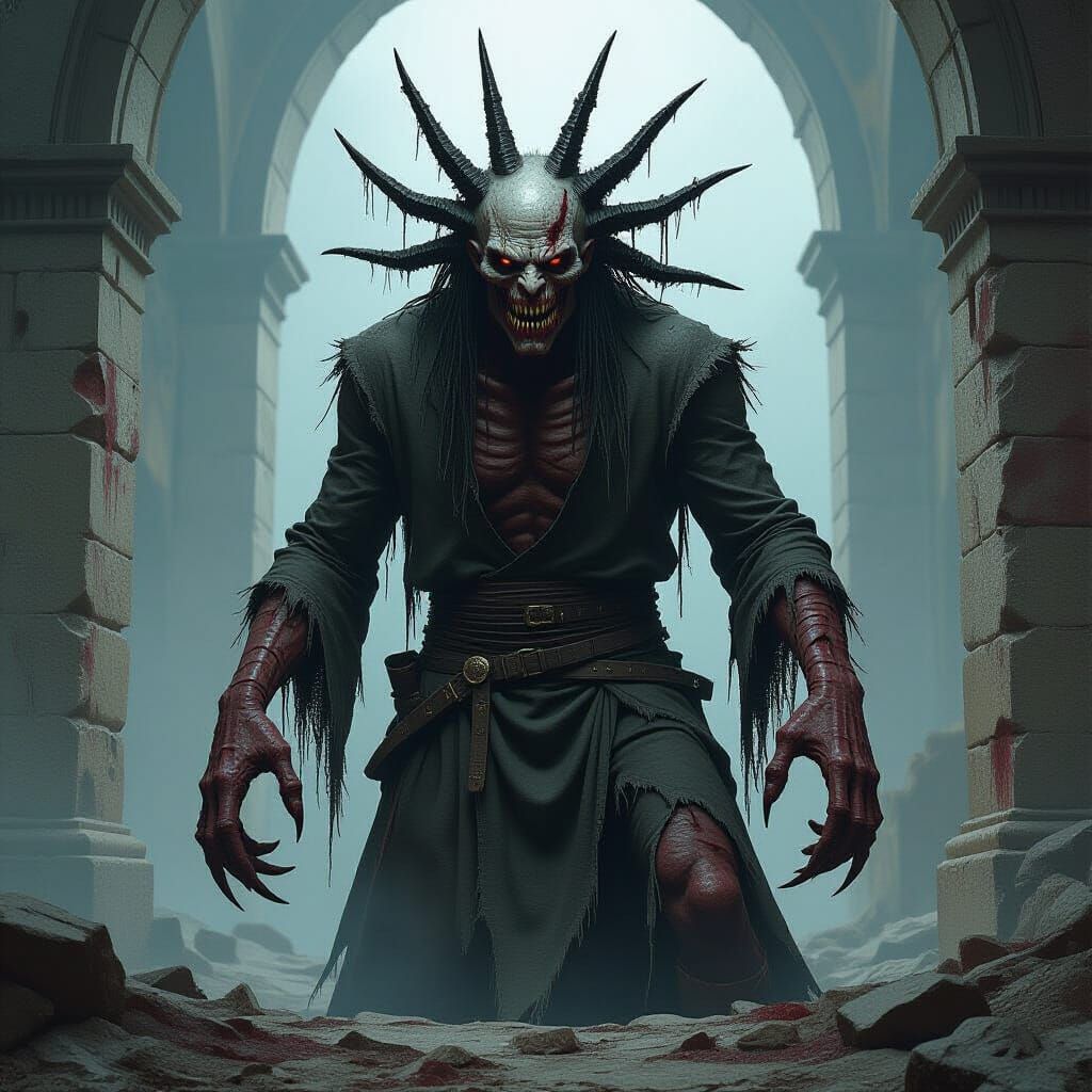 Monstrous Figure with Enlarged Head in Dark Fantasy Castle