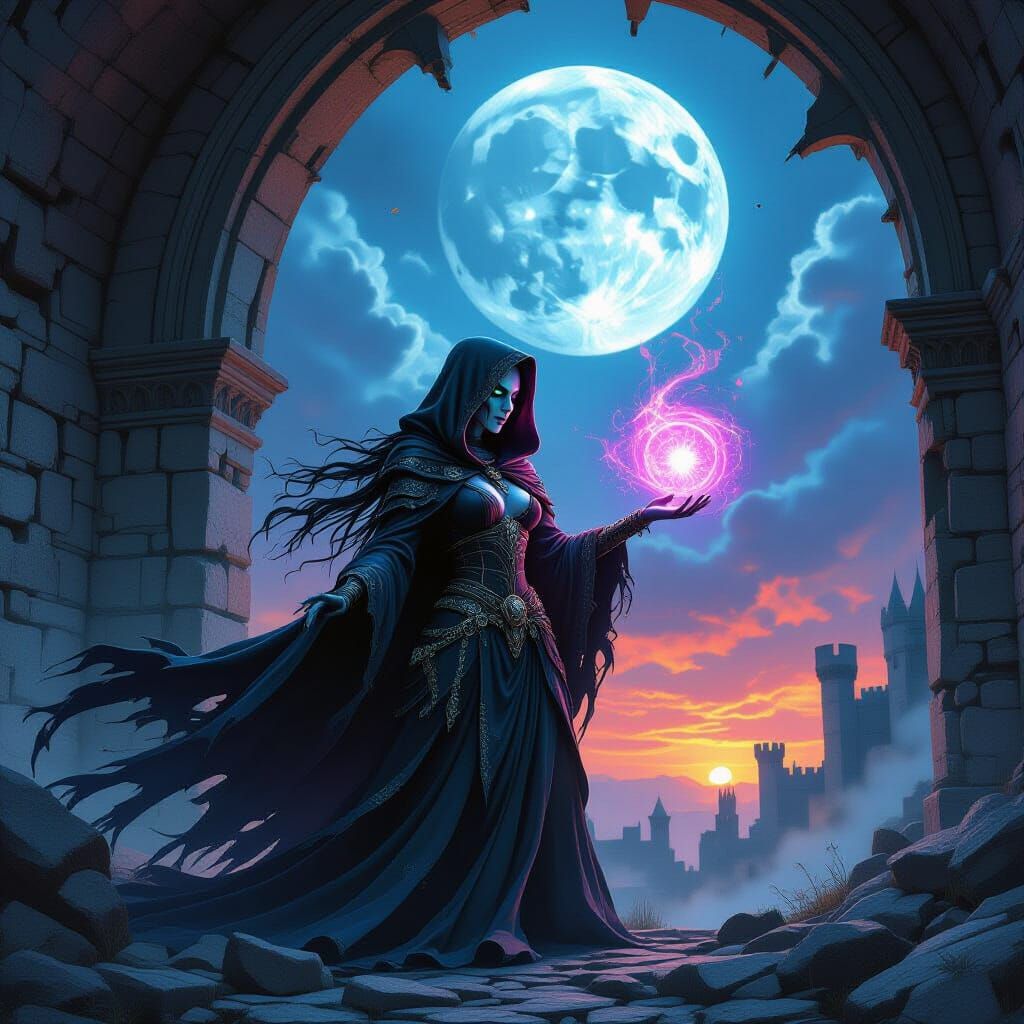 Undead Lich Casting Spell in Ruined Castle Under Full Moon