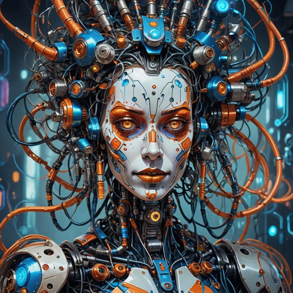 Whimsical Robot Woman with Clown Makeup: Fantasy Concept Art