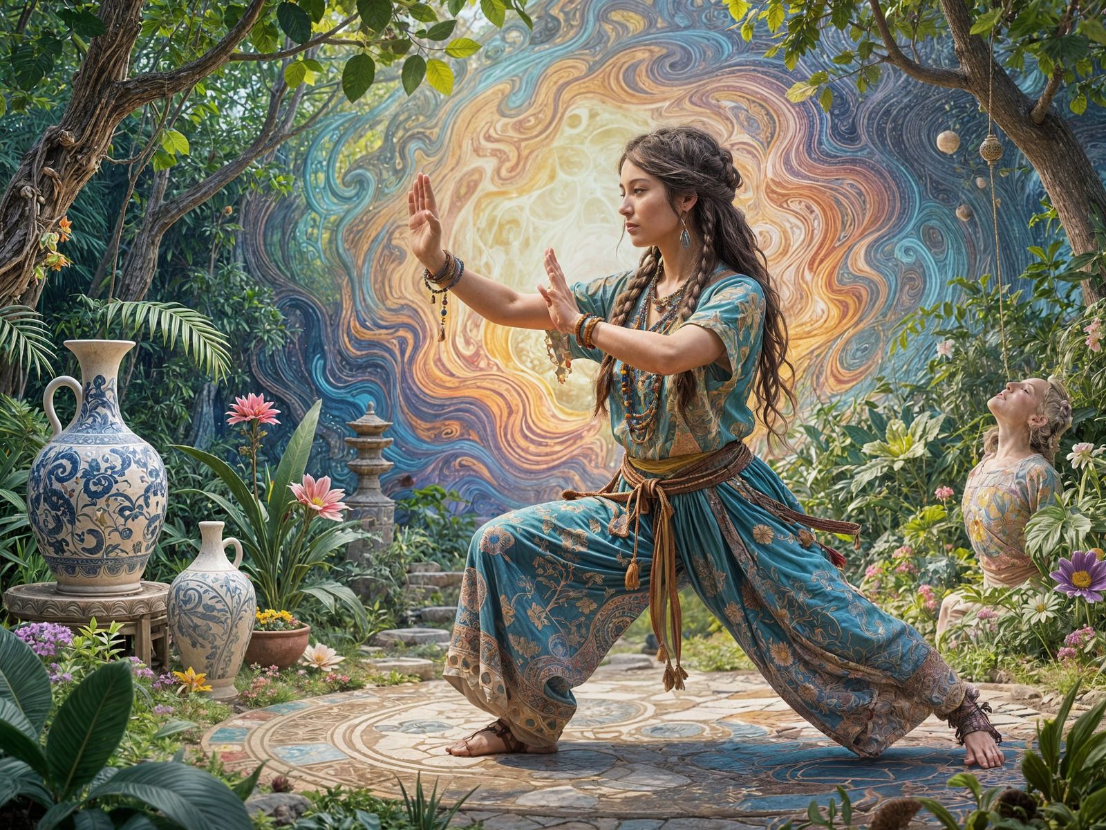 Hippie Woman Tai Chi in Sensory Garden