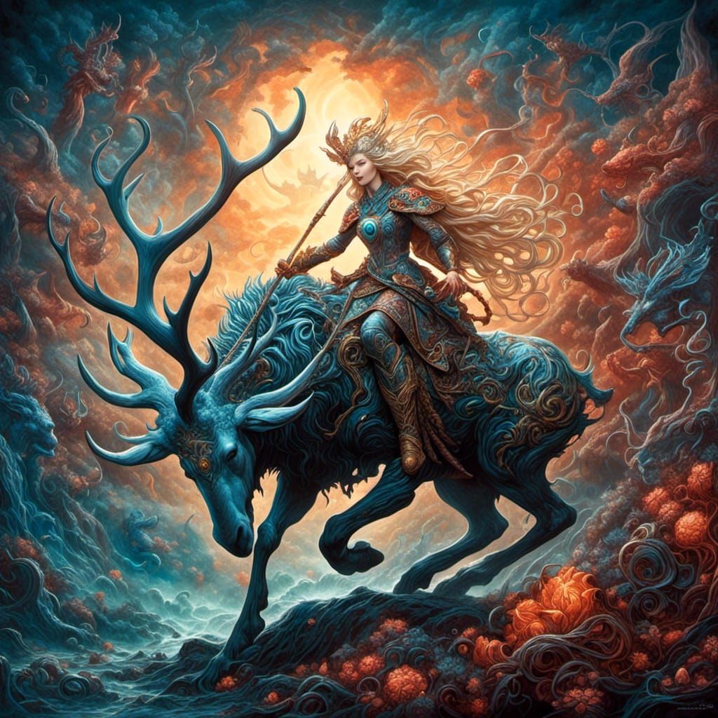 surreal fantasy portrait of a luminous Warrior woman Riding ...