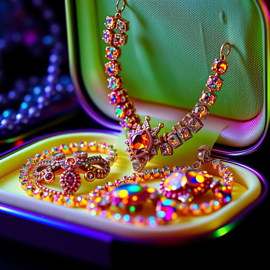 Glittering Jewelry in Neon Case Display