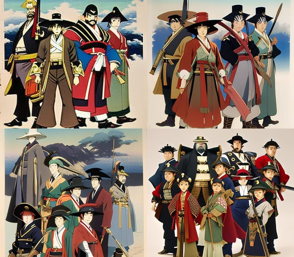 Victorian, Cowboy, Pirate, and Samurai in Anime Style