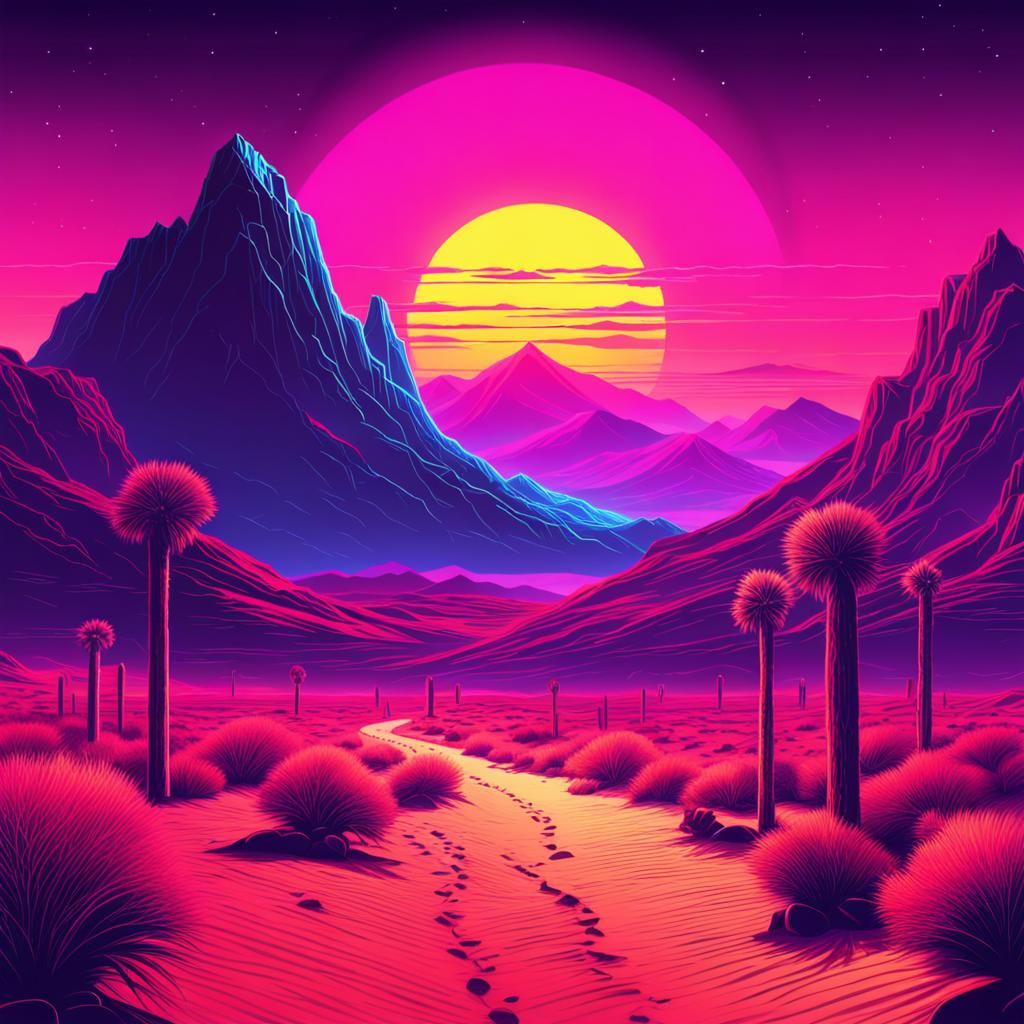 Synthwave Neon Sunset Over Desert Mountains