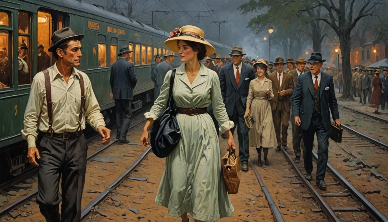 Woman's Secret Midnight Train Journey: Impasto Oil Painting