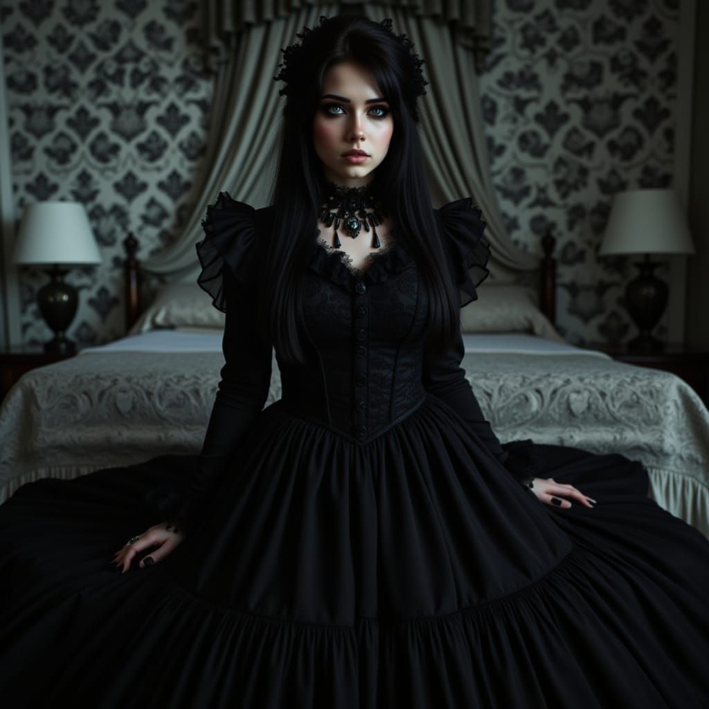 Gothic Woman in Black Bedroom