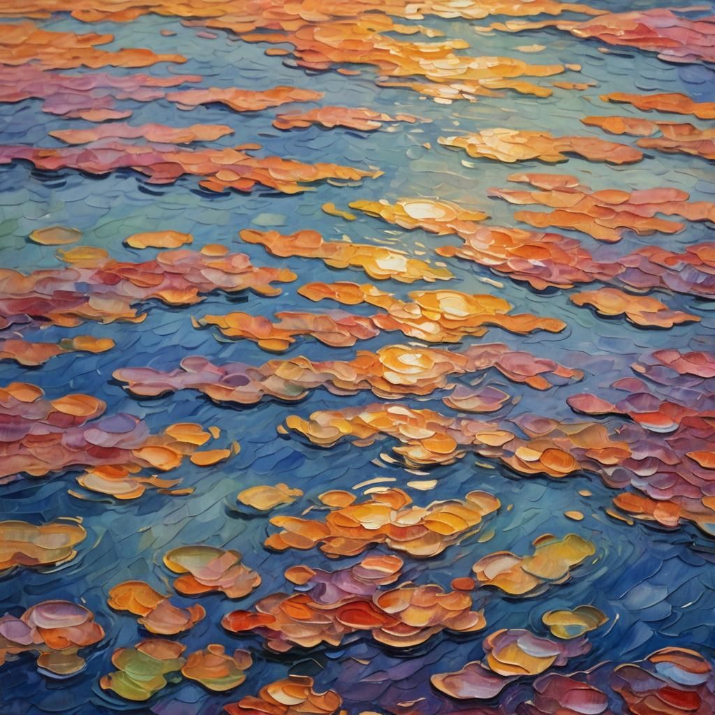 Impressionist Lake Ripples Reflecting Sunset Colors